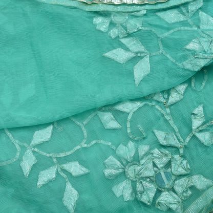 Indian Vintage Heavy Green Dupatta Pure Chiffon silk Long Stole Hand Embroidered Scarves Floral Design Stole Veil Wrap Gota patti Mirror