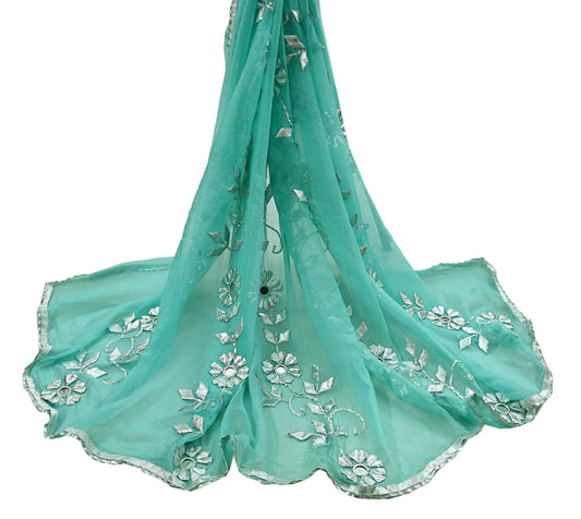 Indian Vintage Heavy Green Dupatta Pure Chiffon silk Long Stole Hand Embroidered Scarves Floral Design Stole Veil Wrap Gota patti Mirror