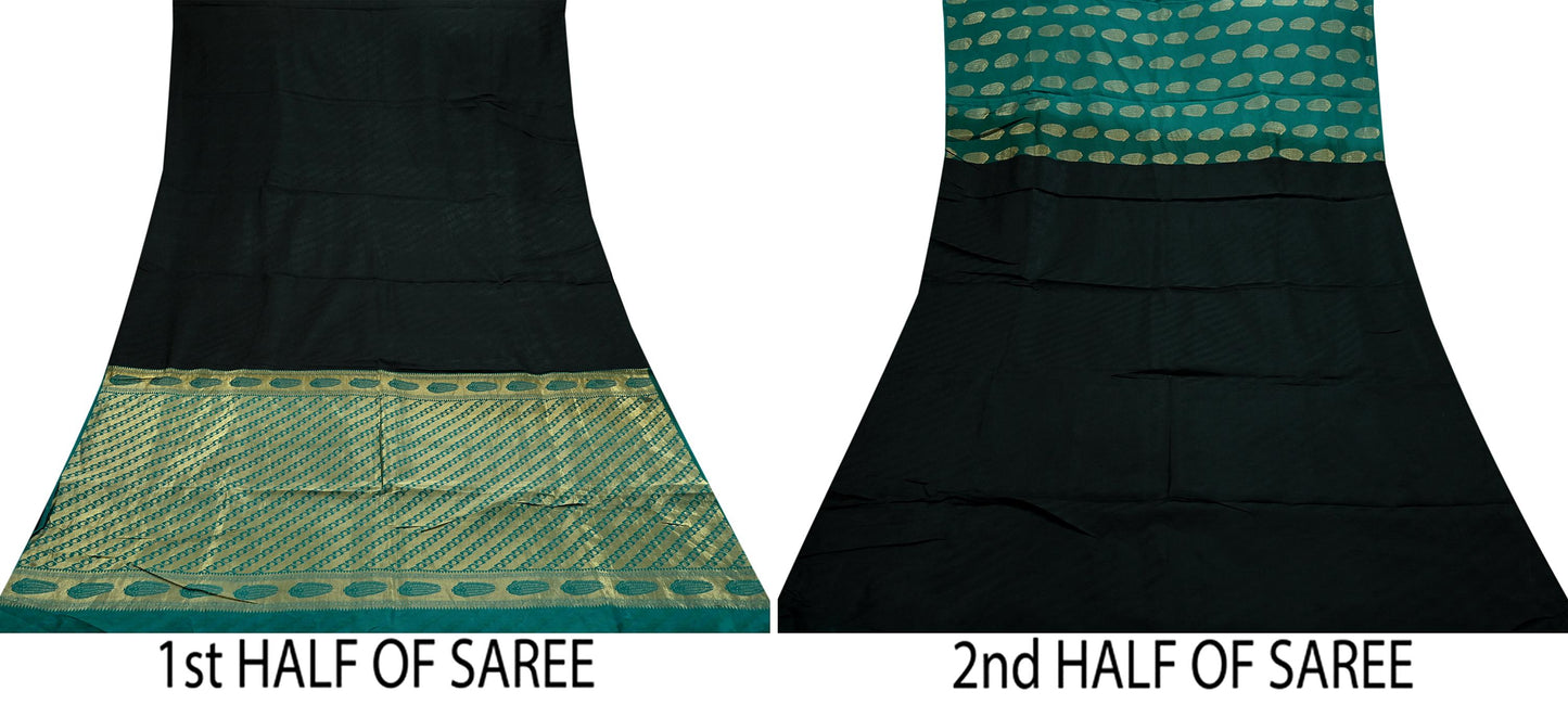 Indian Vintage Sari Black & Green Pure Silk Hand Woven Sarees Craft Fabric 5Yd Ethnic Dress Making Crafting Upcycle Quilting Zari Border