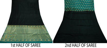 Indian Vintage Sari Black & Green Pure Silk Hand Woven Sarees Craft Fabric 5Yd Ethnic Dress Making Crafting Upcycle Quilting Zari Border