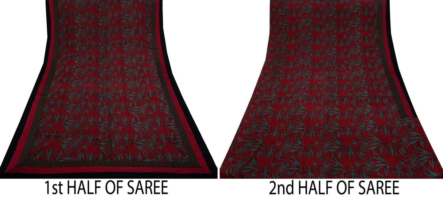 Indian Vintage Maroon & Gray Sarees Moss Crepe Printed Sari 5yd Sewing Floral Soft Craft Fabric DressMaking For Crafting Quilting Upcycle