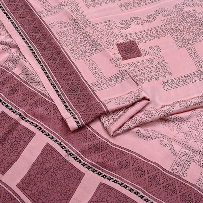 Indian Vintage Sari Pink Moss Crepe Printed Sarees 5yd Craft Fabric Sewing Floral Soft Dress making Quilting Crafting Upcycle Used