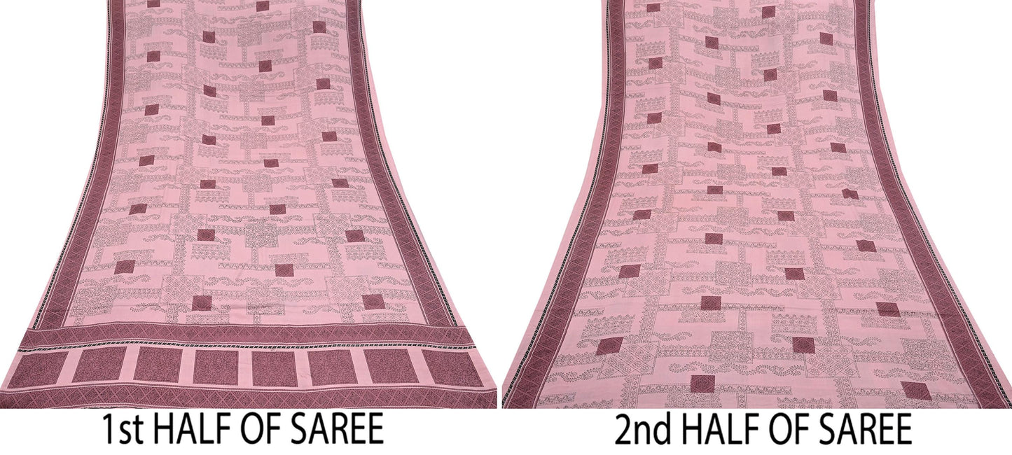 Indian Vintage Sari Pink Moss Crepe Printed Sarees 5yd Craft Fabric Sewing Floral Soft Dress making Quilting Crafting Upcycle Used