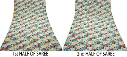 Indian Vintage Sari Green & Gray Pure Crepe Silk Printed Sarees 5yd Sewing Soft Craft Fabric Wrap Upcycle Quilting Crafting Dress making