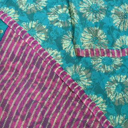 Indian Vintage Sari Green & Pink Pure Crepe Silk Hand Embroidered Saree 5yd Sewing Floral Craft Sequins Dress making Crafting Quilting