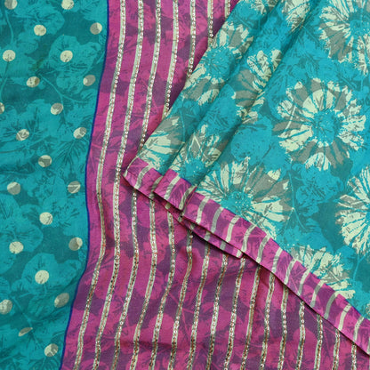 Indian Vintage Sari Green & Pink Pure Crepe Silk Hand Embroidered Saree 5yd Sewing Floral Craft Sequins Dress making Crafting Quilting