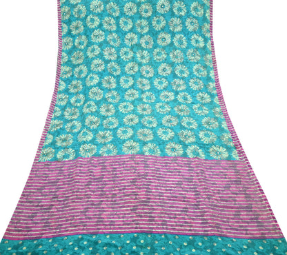 Indian Vintage Sari Green & Pink Pure Crepe Silk Hand Embroidered Saree 5yd Sewing Floral Craft Sequins Dress making Crafting Quilting