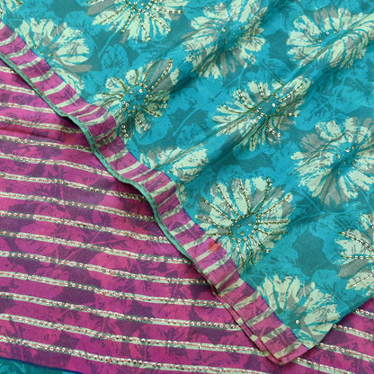 Indian Vintage Sari Green & Pink Pure Crepe Silk Hand Embroidered Saree 5yd Sewing Floral Craft Sequins Dress making Crafting Quilting