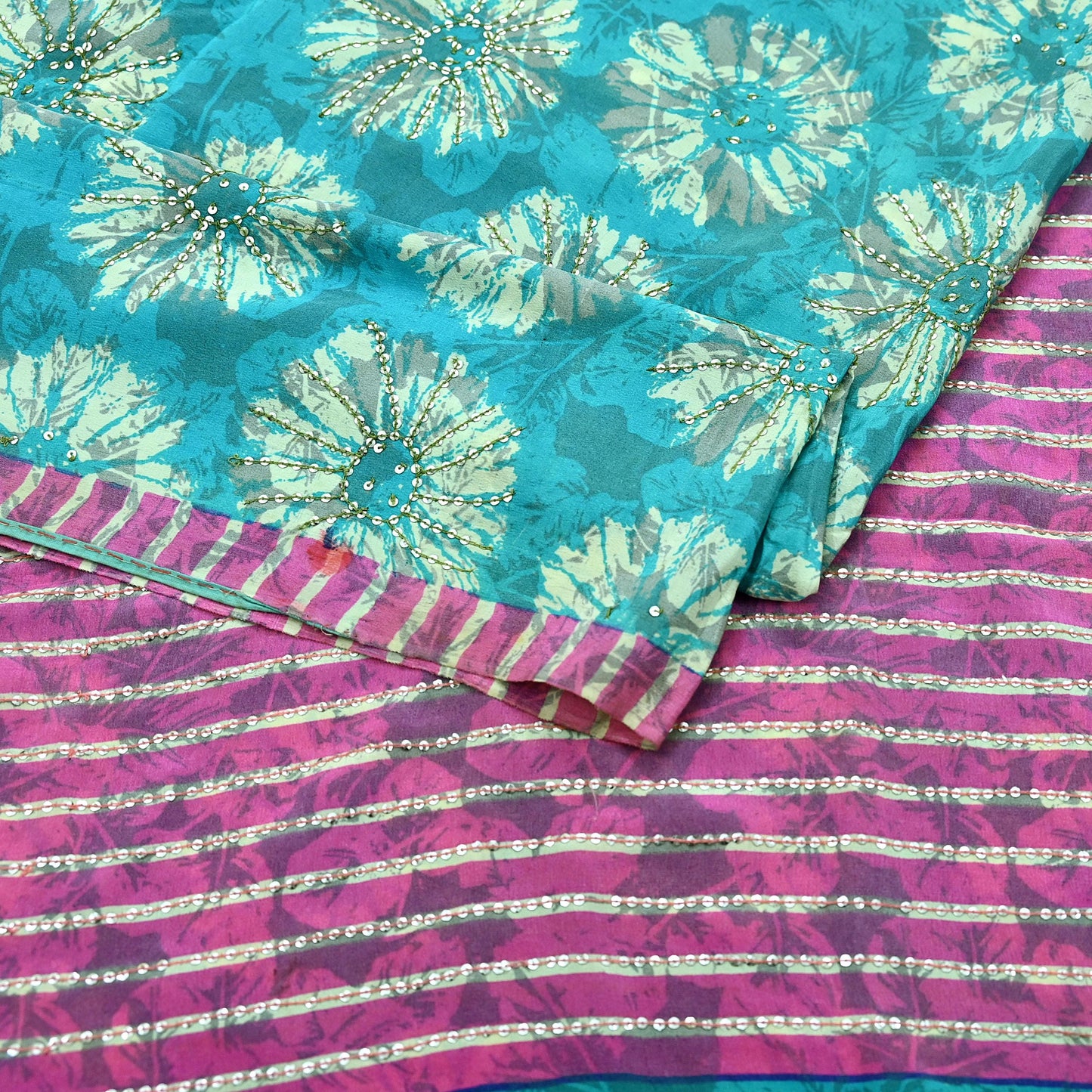 Indian Vintage Sari Green & Pink Pure Crepe Silk Hand Embroidered Saree 5yd Sewing Floral Craft Sequins Dress making Crafting Quilting
