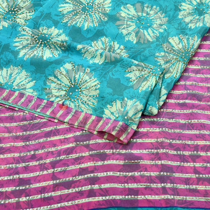 Indian Vintage Sari Green & Pink Pure Crepe Silk Hand Embroidered Saree 5yd Sewing Floral Craft Sequins Dress making Crafting Quilting