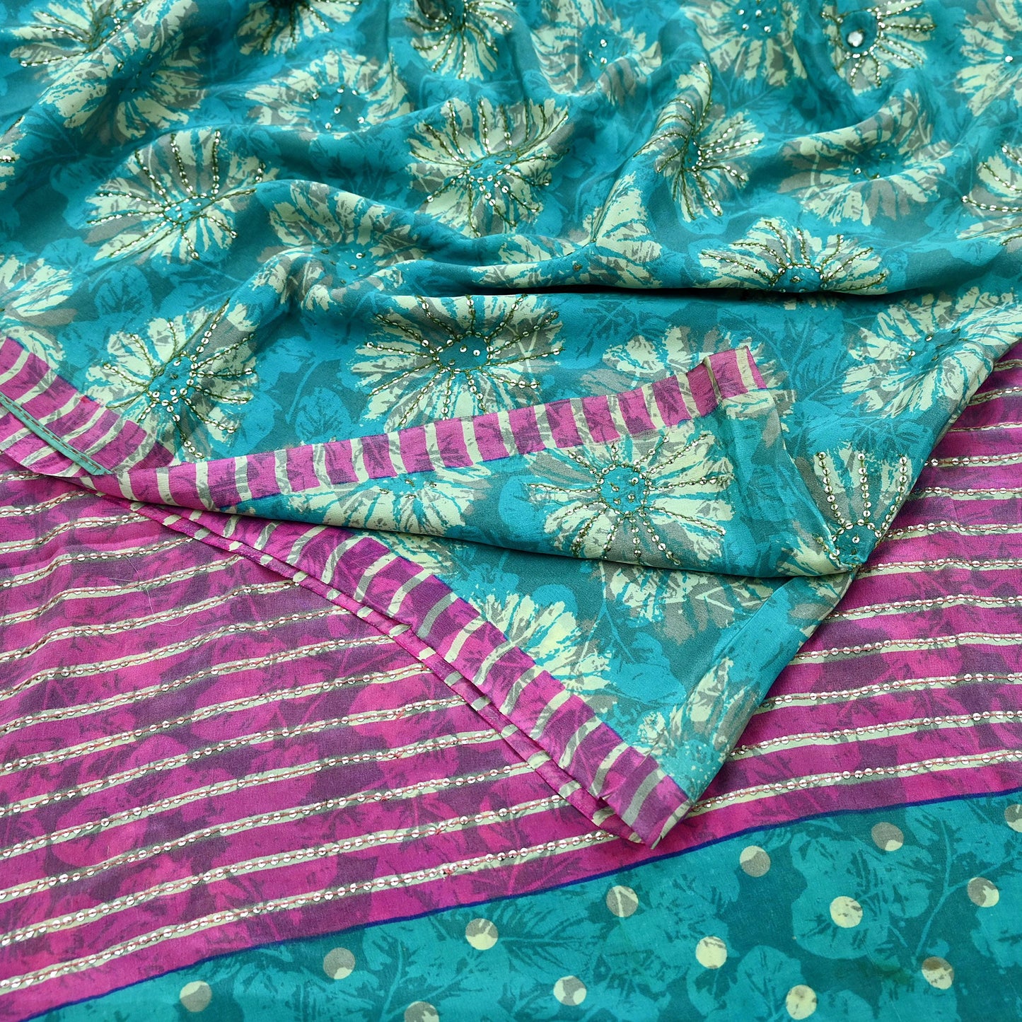 Indian Vintage Sari Green & Pink Pure Crepe Silk Hand Embroidered Saree 5yd Sewing Floral Craft Sequins Dress making Crafting Quilting