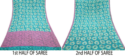 Indian Vintage Sari Green & Pink Pure Crepe Silk Hand Embroidered Saree 5yd Sewing Floral Craft Sequins Dress making Crafting Quilting