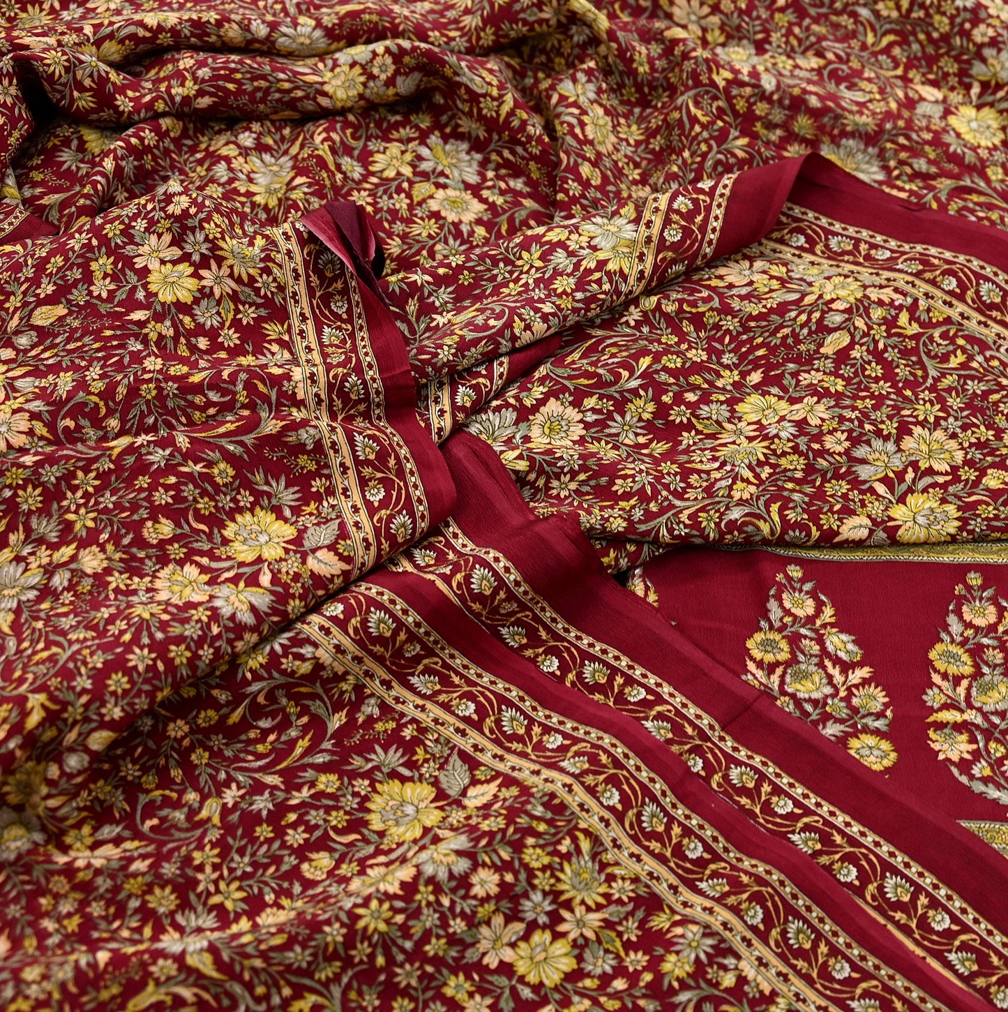 Indian Vintage Maroon Saree Pure Crepe Silk Printed Sari 5yd Sewing Floral Soft Craft Fabric Ethnic Wrap Dress making For Crafting Quilting