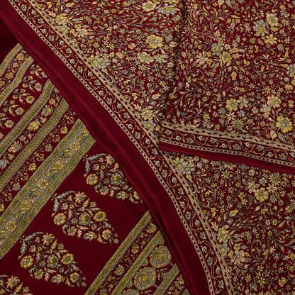 Indian Vintage Maroon Saree Pure Crepe Silk Printed Sari 5yd Sewing Floral Soft Craft Fabric Ethnic Wrap Dress making For Crafting Quilting
