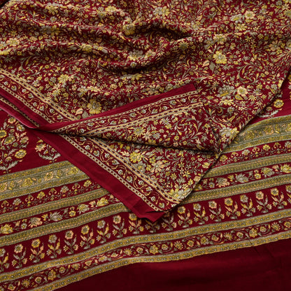 Indian Vintage Maroon Saree Pure Crepe Silk Printed Sari 5yd Sewing Floral Soft Craft Fabric Ethnic Wrap Dress making For Crafting Quilting