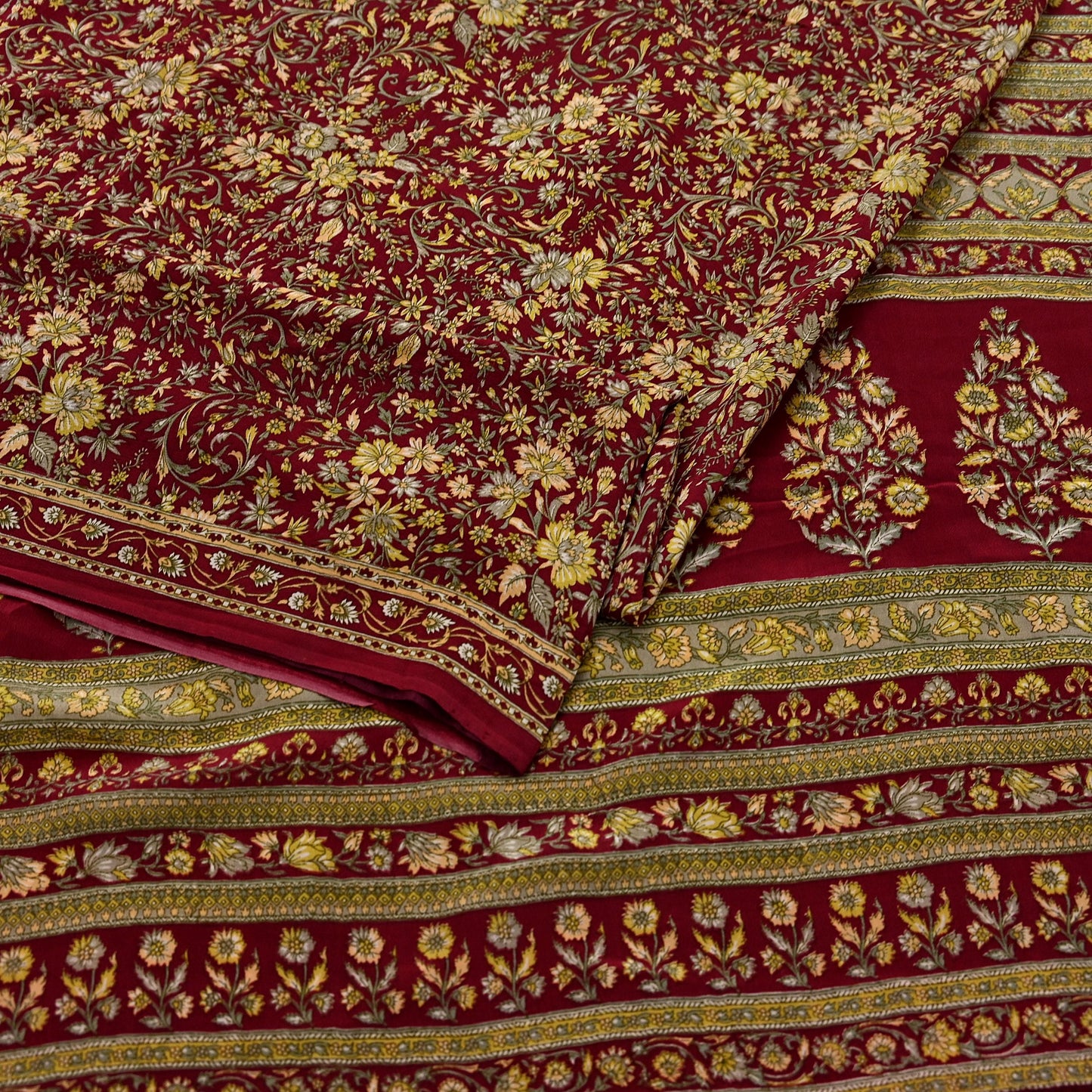Indian Vintage Maroon Saree Pure Crepe Silk Printed Sari 5yd Sewing Floral Soft Craft Fabric Ethnic Wrap Dress making For Crafting Quilting