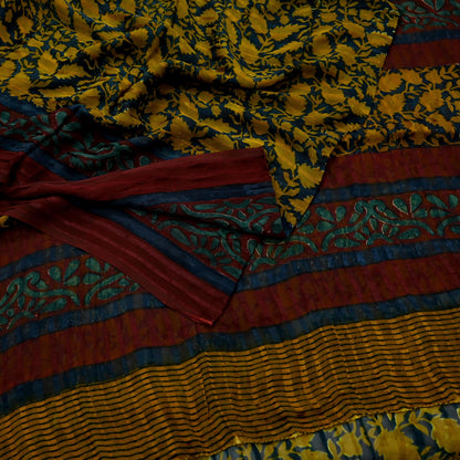 Indian Vintage Sari Green & Maroon Pure Georgette Silk Printed Sarees 5Yd Craft Fabric Sewing Soft Dress Making Floral Quilting Used Upcycle