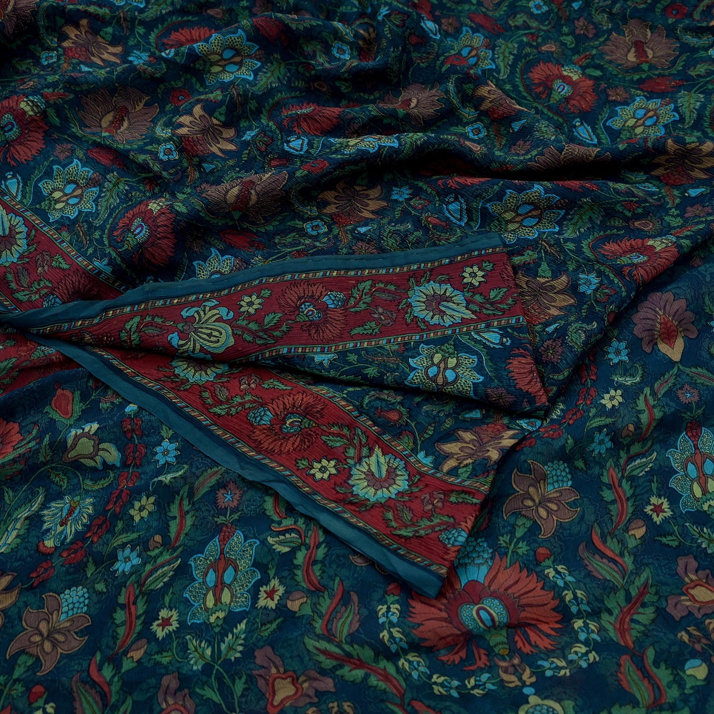 Indian Vintage Sari Green Pure Chiffon Silk Printed Sarees Craft Fabric Sewing 5Yard Soft Light Sari Dress Making Quilting Upcycle Crfating