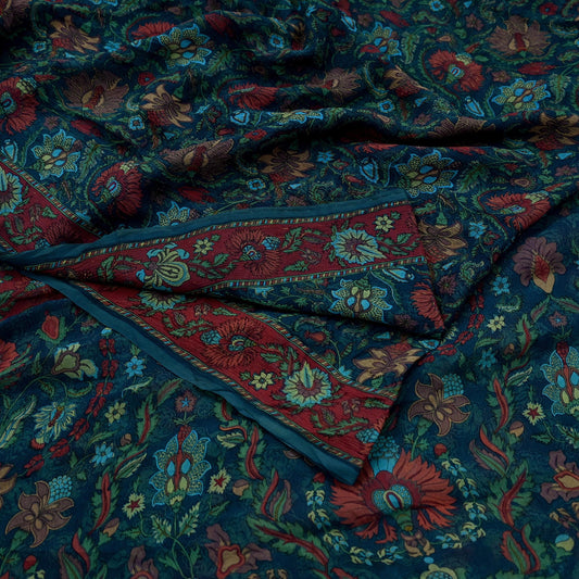 Indian Vintage Sari Green Pure Chiffon Silk Printed Sarees Craft Fabric Sewing 5Yard Soft Light Sari Dress Making Quilting Upcycle Crfating