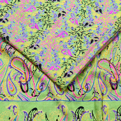 Indian Vintage Sari Green Pure Silk Printed Sarees 5yd Sewing Craft Fabric Dress Making  Soft Floral Wrap Upcycle Used Quilting Crafting