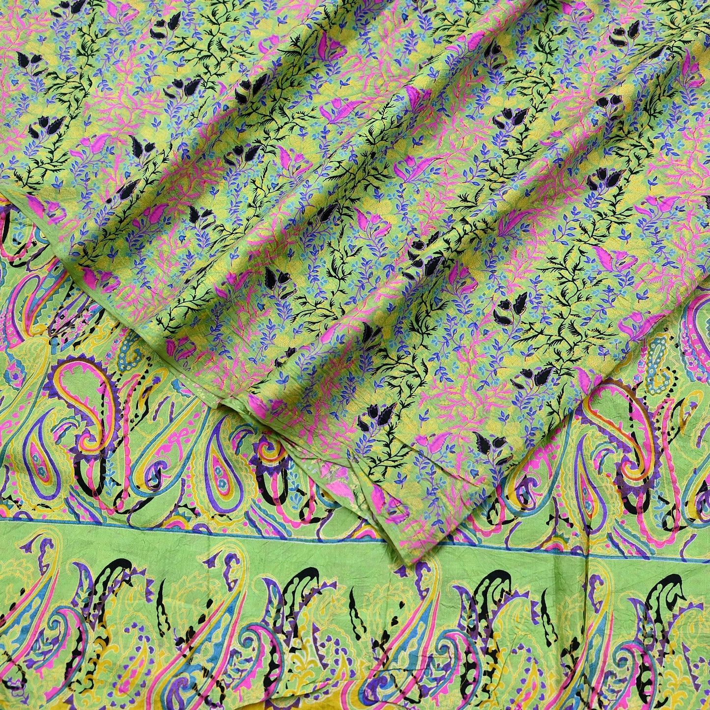 Indian Vintage Sari Green Pure Silk Printed Sarees 5yd Sewing Craft Fabric Dress Making  Soft Floral Wrap Upcycle Used Quilting Crafting