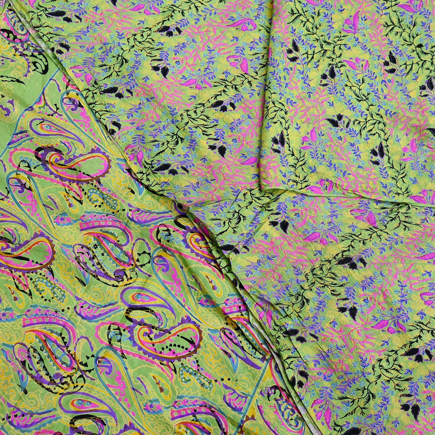 Indian Vintage Sari Green Pure Silk Printed Sarees 5yd Sewing Craft Fabric Dress Making  Soft Floral Wrap Upcycle Used Quilting Crafting