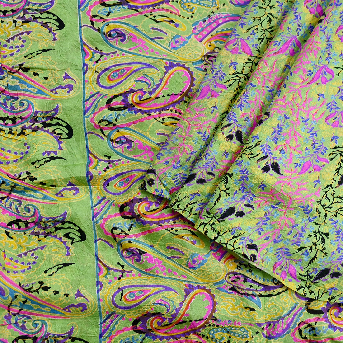 Indian Vintage Sari Green Pure Silk Printed Sarees 5yd Sewing Craft Fabric Dress Making  Soft Floral Wrap Upcycle Used Quilting Crafting