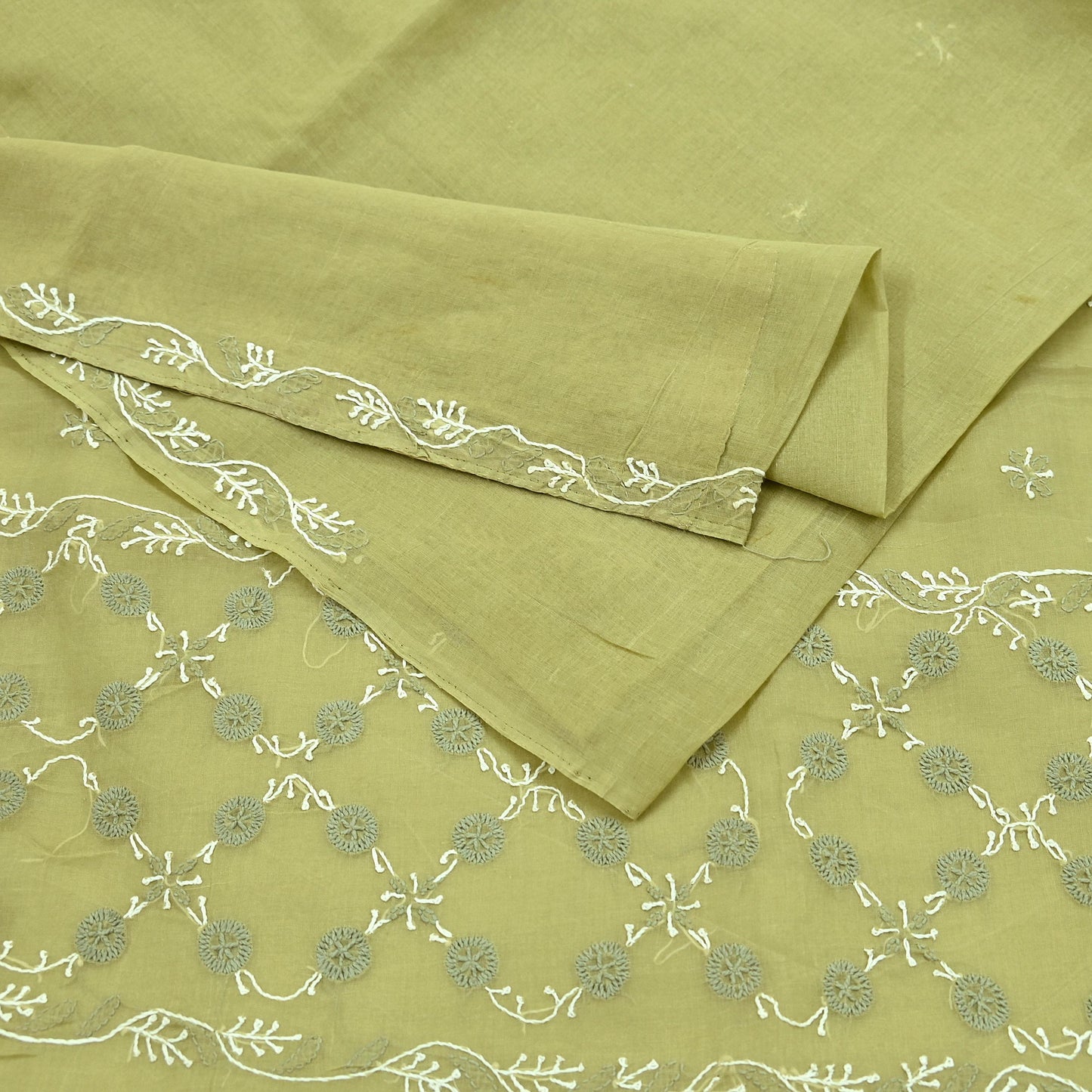 Indian Vintage Sari Green Cotton Hand Embroidered Kantha Sarees Craft Fabric 5yd Sewing Floral Soft Dress Making Crafting Upcycle Quilting