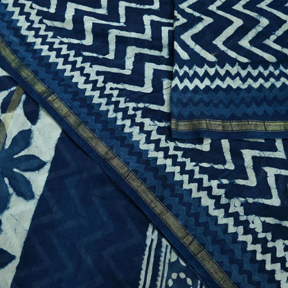 Indian Vintage Sari Blue Pure chanderi Silk Bagru Printed Sarees Fabric 5Yd Floral Soft Golden Zari Border Ethnic Dress making Upcycle