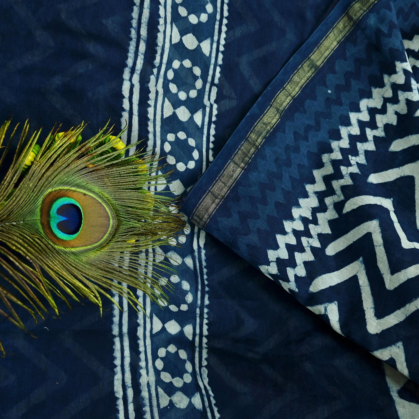 Indian Vintage Sari Blue Pure chanderi Silk Bagru Printed Sarees Fabric 5Yd Floral Soft Golden Zari Border Ethnic Dress making Upcycle