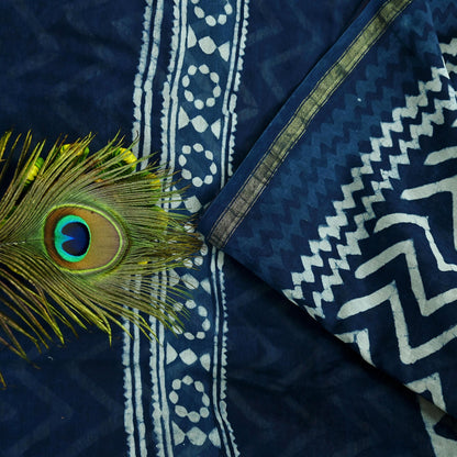 Indian Vintage Sari Blue Pure chanderi Silk Bagru Printed Sarees Fabric 5Yd Floral Soft Golden Zari Border Ethnic Dress making Upcycle