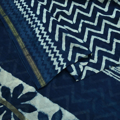 Indian Vintage Sari Blue Pure chanderi Silk Bagru Printed Sarees Fabric 5Yd Floral Soft Golden Zari Border Ethnic Dress making Upcycle