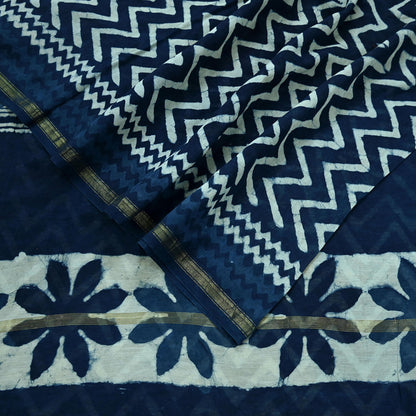 Indian Vintage Sari Blue Pure chanderi Silk Bagru Printed Sarees Fabric 5Yd Floral Soft Golden Zari Border Ethnic Dress making Upcycle