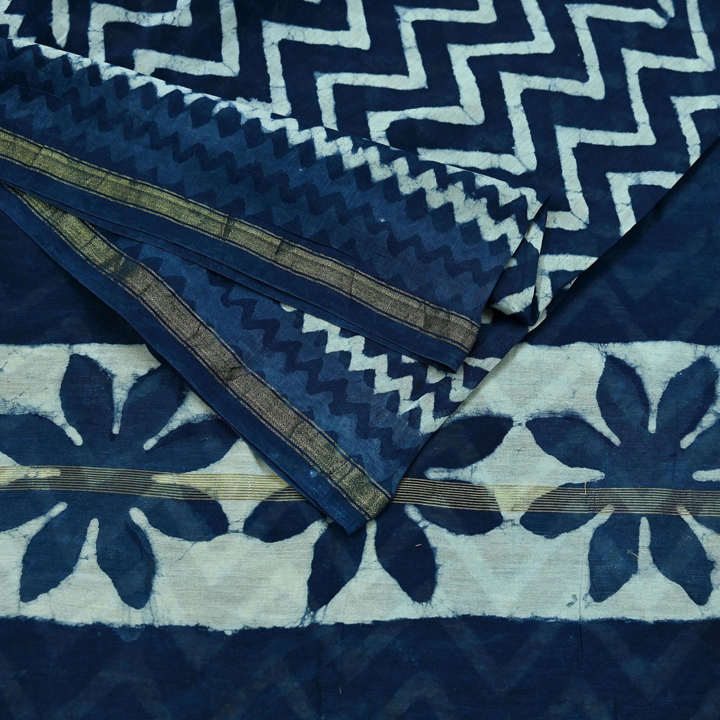 Indian Vintage Sari Blue Pure chanderi Silk Bagru Printed Sarees Fabric 5Yd Floral Soft Golden Zari Border Ethnic Dress making Upcycle