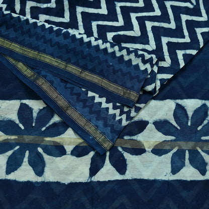 Indian Vintage Sari Blue Pure chanderi Silk Bagru Printed Sarees Fabric 5Yd Floral Soft Golden Zari Border Ethnic Dress making Upcycle