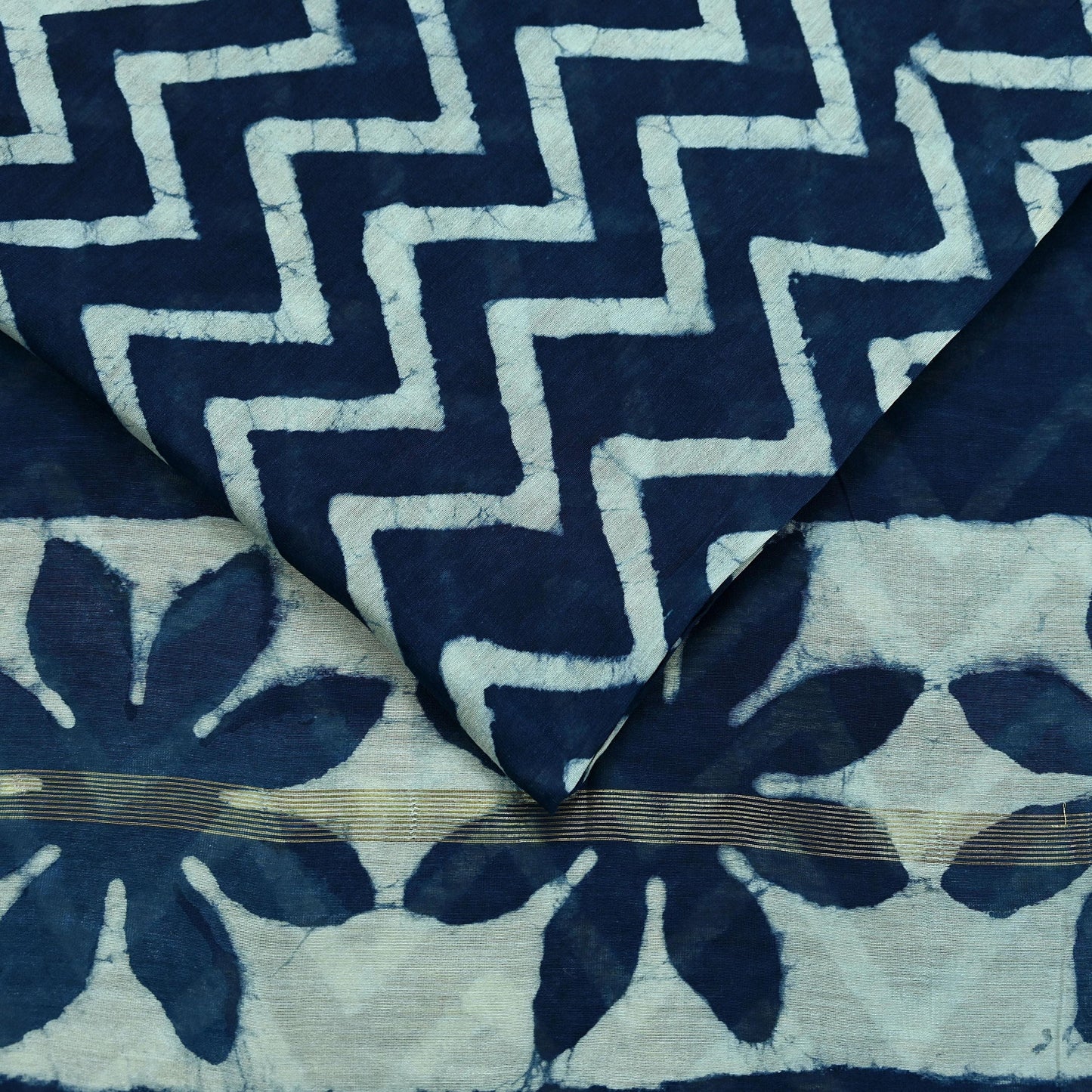 Indian Vintage Sari Blue Pure chanderi Silk Bagru Printed Sarees Fabric 5Yd Floral Soft Golden Zari Border Ethnic Dress making Upcycle