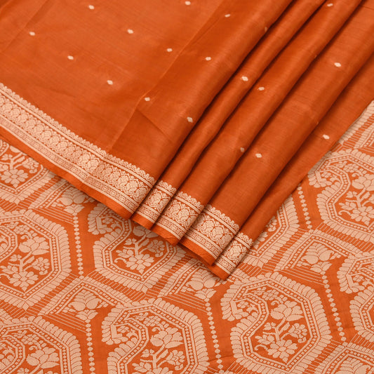 Indian Vintage Sari Orange 100% Pure Silk Hand Woven Baluchari Sarees Craft Fabric 5yd Sewing Soft Dress Designing Crafting Quilting Upcycle