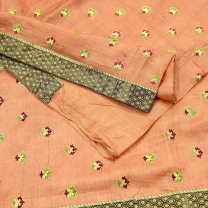 Indian Vintage Peach Sari Pure Tussar Silk Hand Embroidered Sarees Craft Fabric 5Yd Sewing Ethnic Sequins Dress making Crafting Quilting