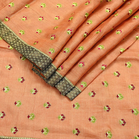 Indian Vintage Peach Sari Pure Tussar Silk Hand Embroidered Sarees Craft Fabric 5Yd Sewing Ethnic Sequins Dress making Crafting Quilting