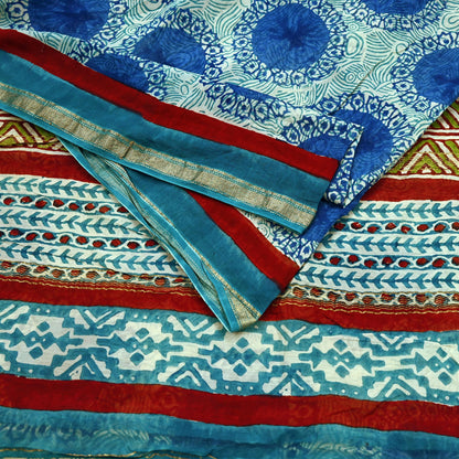 Indian Vintage Sari Blue Pure chanderi Silk Bagru Printed Sarees Craft Fabric 5Yd Floral Soft Zari Border Ethnic Dress making Upcycle