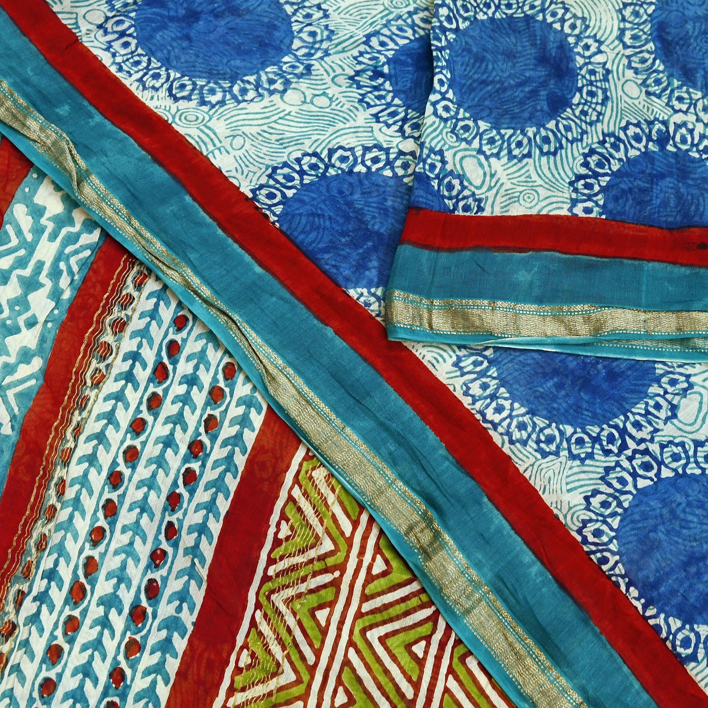 Indian Vintage Sari Blue Pure chanderi Silk Bagru Printed Sarees Craft Fabric 5Yd Floral Soft Zari Border Ethnic Dress making Upcycle