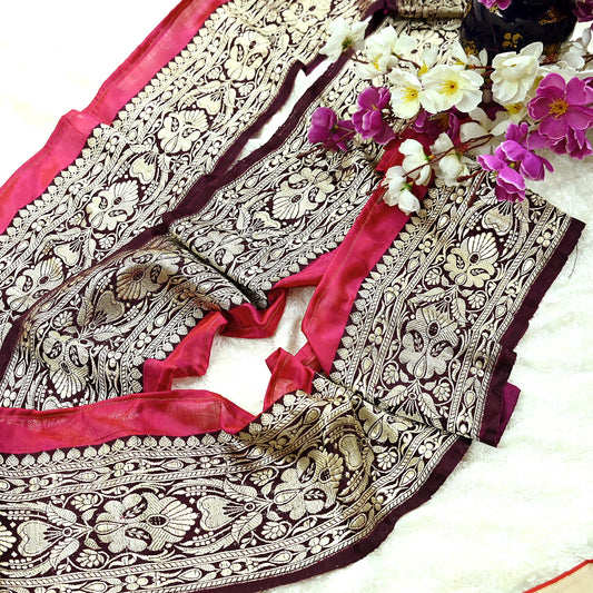 Indian Vintage Maroon & Pink Sari Border Woven Banarasi 1yd Trim Craft Sewing Recycled Sari Border Zari Pure Silk Home Decor Crafting