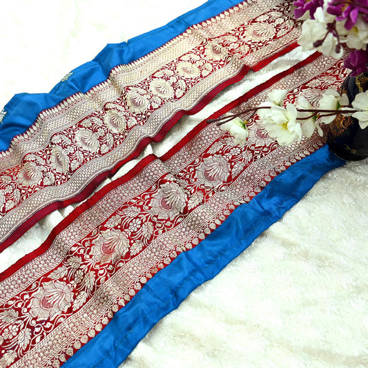 Indian Vintage Red & Blue Sari Border Woven Banarasi 1yd Trim Craft Sewing Recycled Sari Border Zari Pure Silk Home Decor Crafting