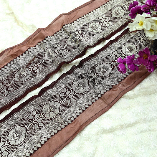 Indian Vintage Brown Sari Border Woven Banarasi 1yd Trim Craft Sewing Recycled Sari Border Golden Zari Pure Silk Home Decor Crafting