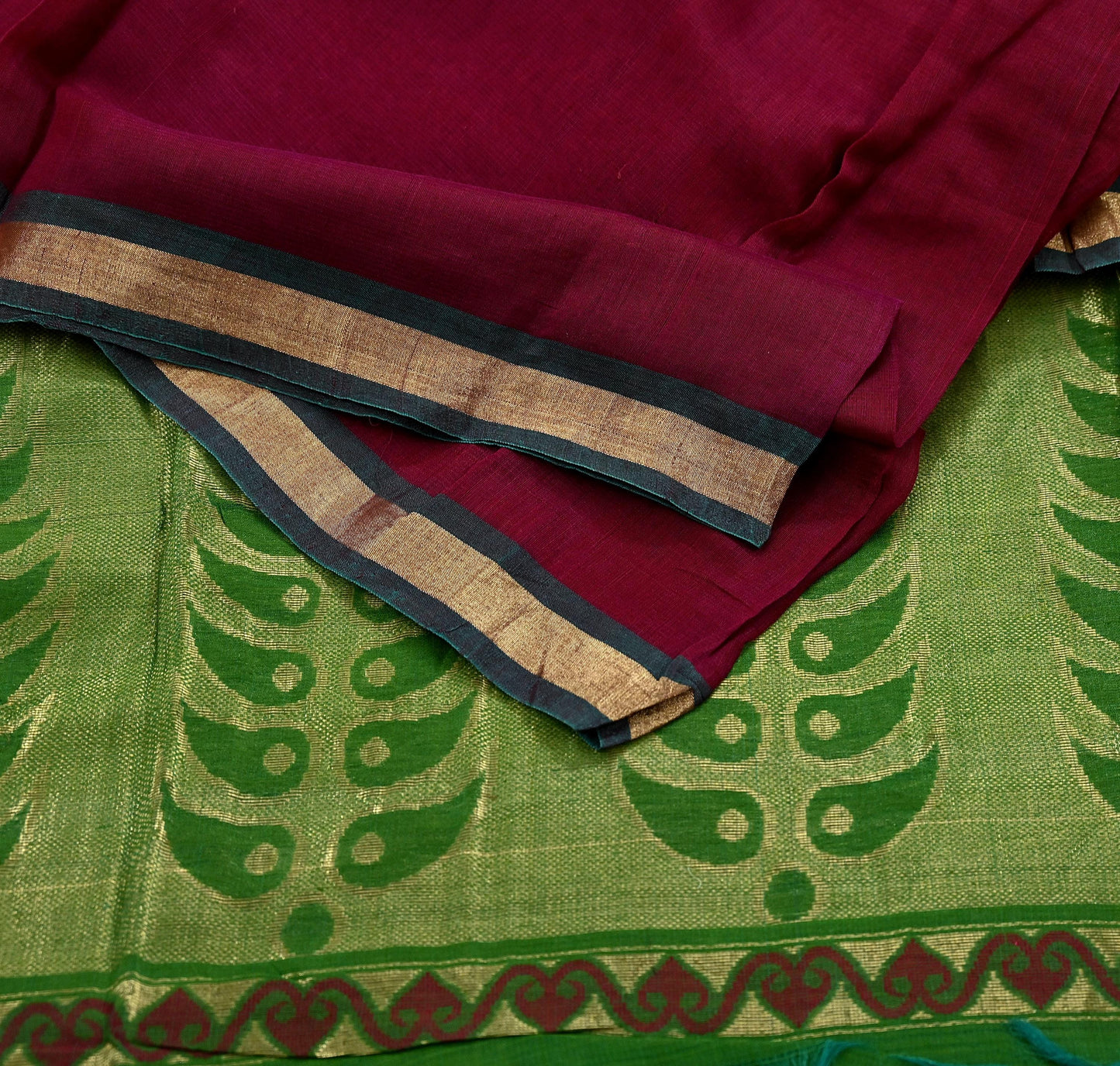 Indian Vintage Dupatta Green & maroon Long Stole Printed Woven Pure Chanderi Silk Indian Scarves Veil Golden Zari Soft Fringes
