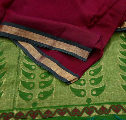 Indian Vintage Dupatta Green & maroon Long Stole Printed Woven Pure Chanderi Silk Indian Scarves Veil Golden Zari Soft Fringes
