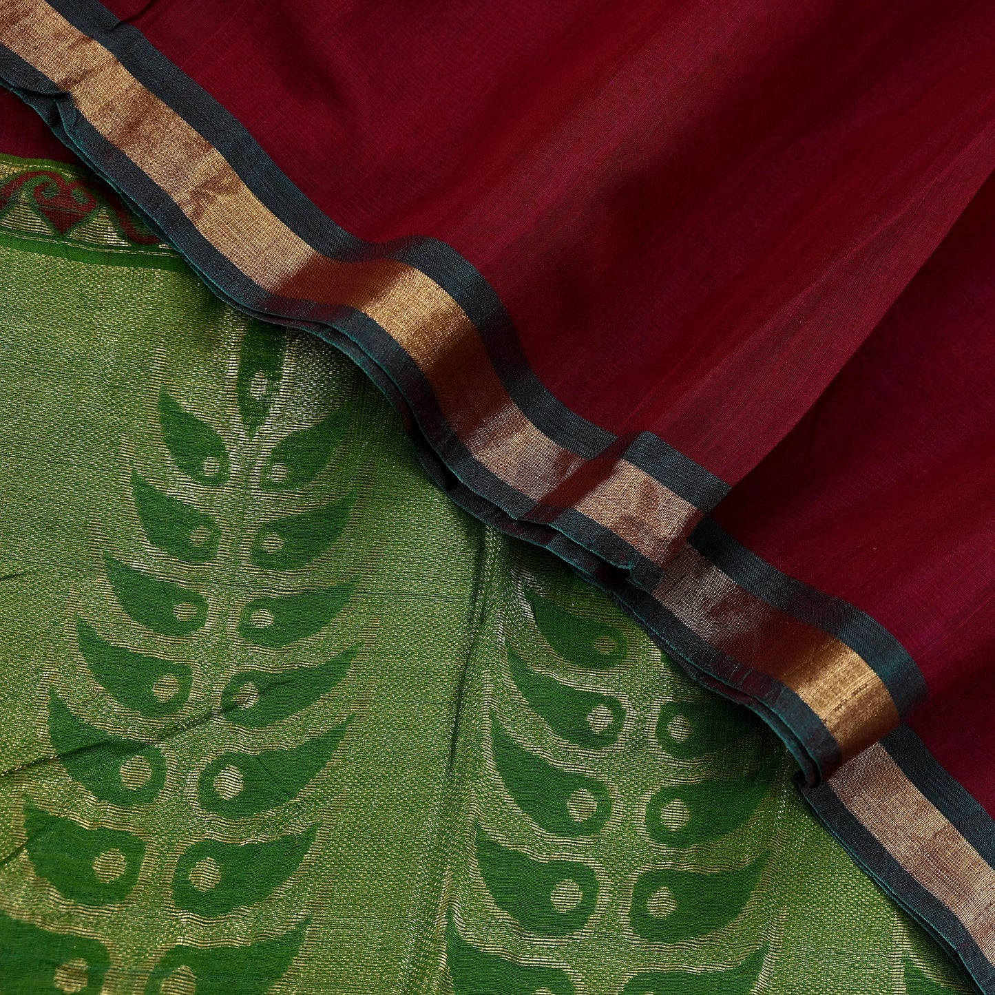 Indian Vintage Dupatta Green & maroon Long Stole Printed Woven Pure Chanderi Silk Indian Scarves Veil Golden Zari Soft Fringes