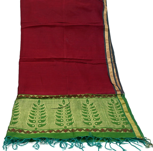 Indian Vintage Dupatta Green & maroon Long Stole Printed Woven Pure Chanderi Silk Indian Scarves Veil Golden Zari Soft Fringes