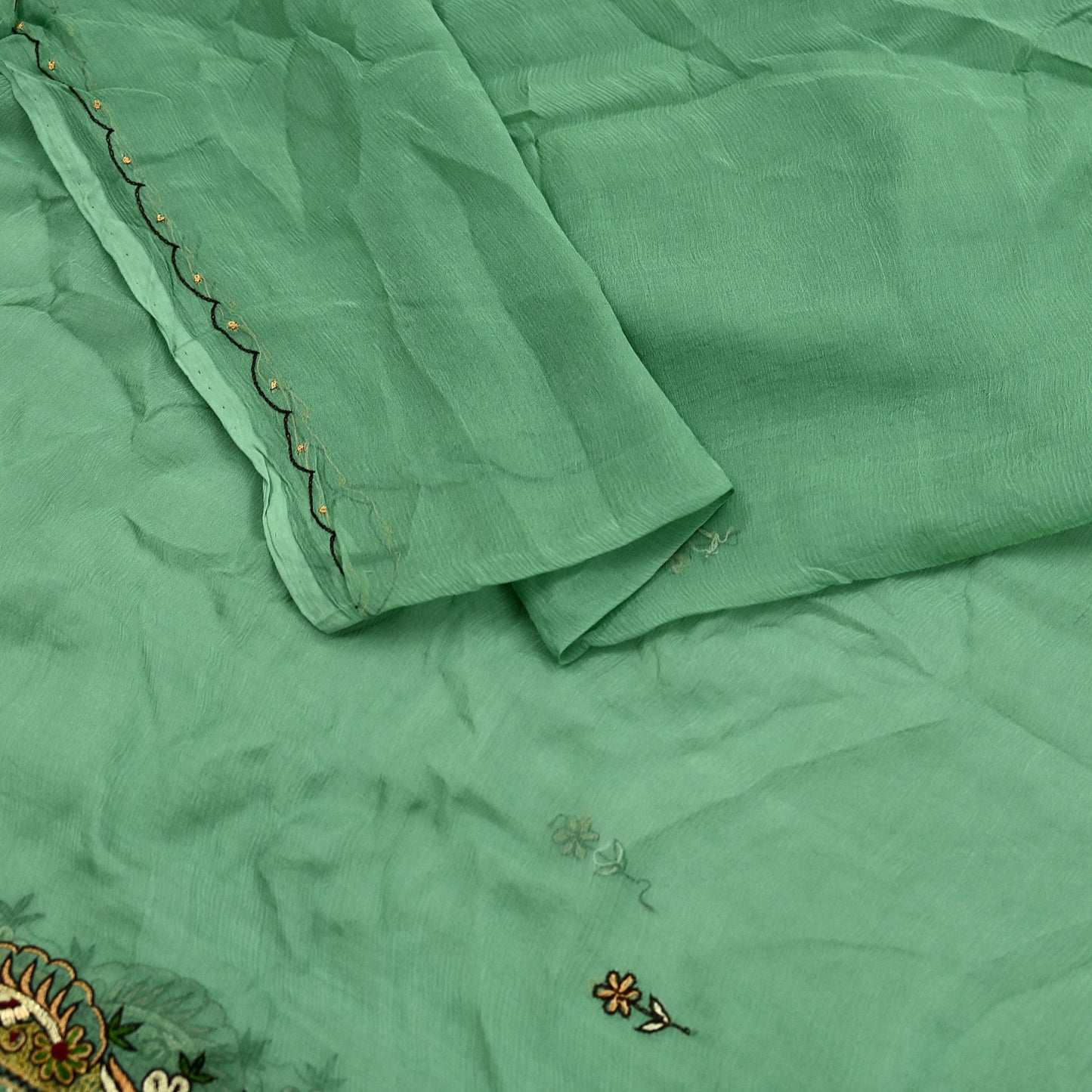 Indian Vintage Green Dupatta Pure Chiffon silk Long Stole Hand Embroidered Scarves Floral Design Stole Veil Wrap Zari Zardozi