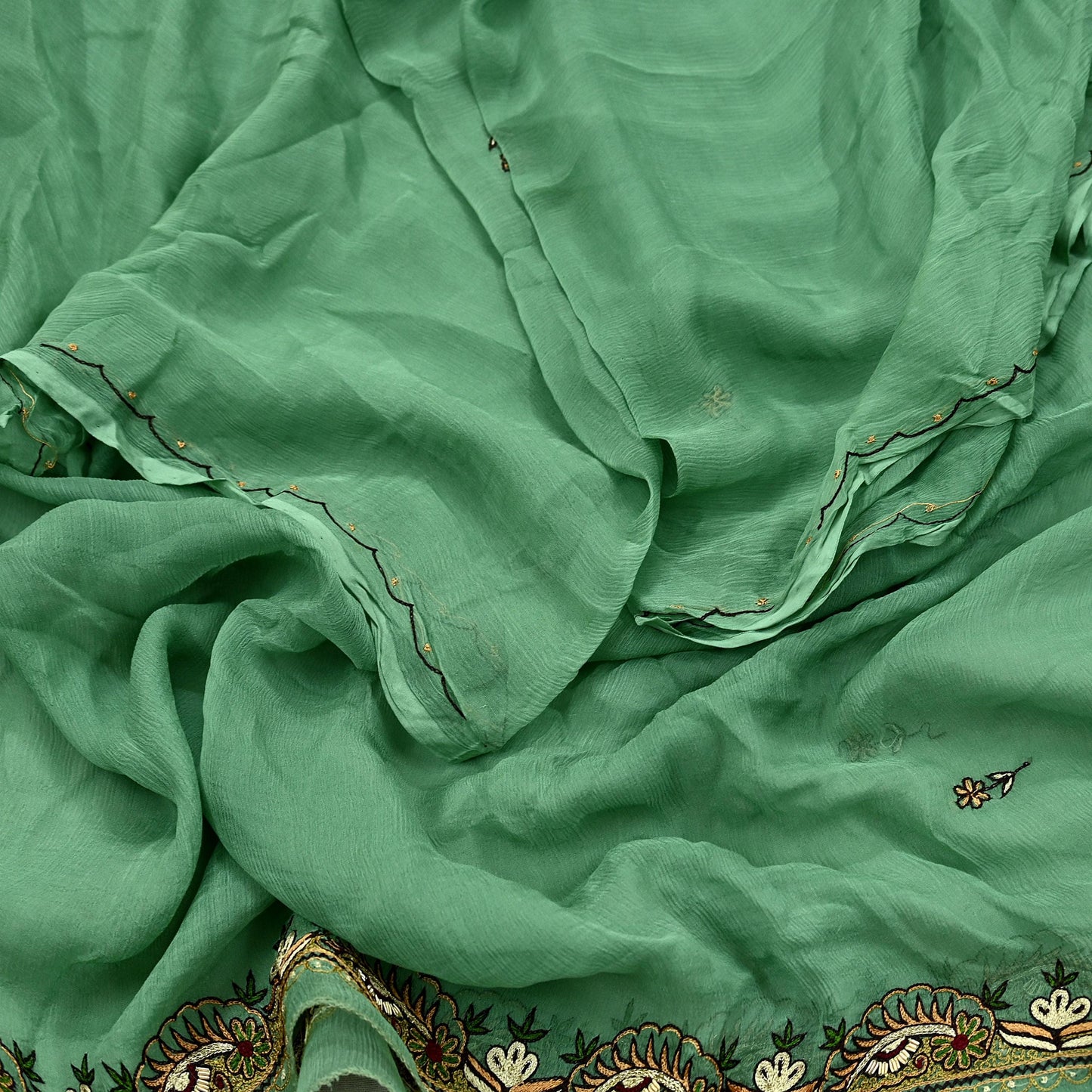 Indian Vintage Green Dupatta Pure Chiffon silk Long Stole Hand Embroidered Scarves Floral Design Stole Veil Wrap Zari Zardozi